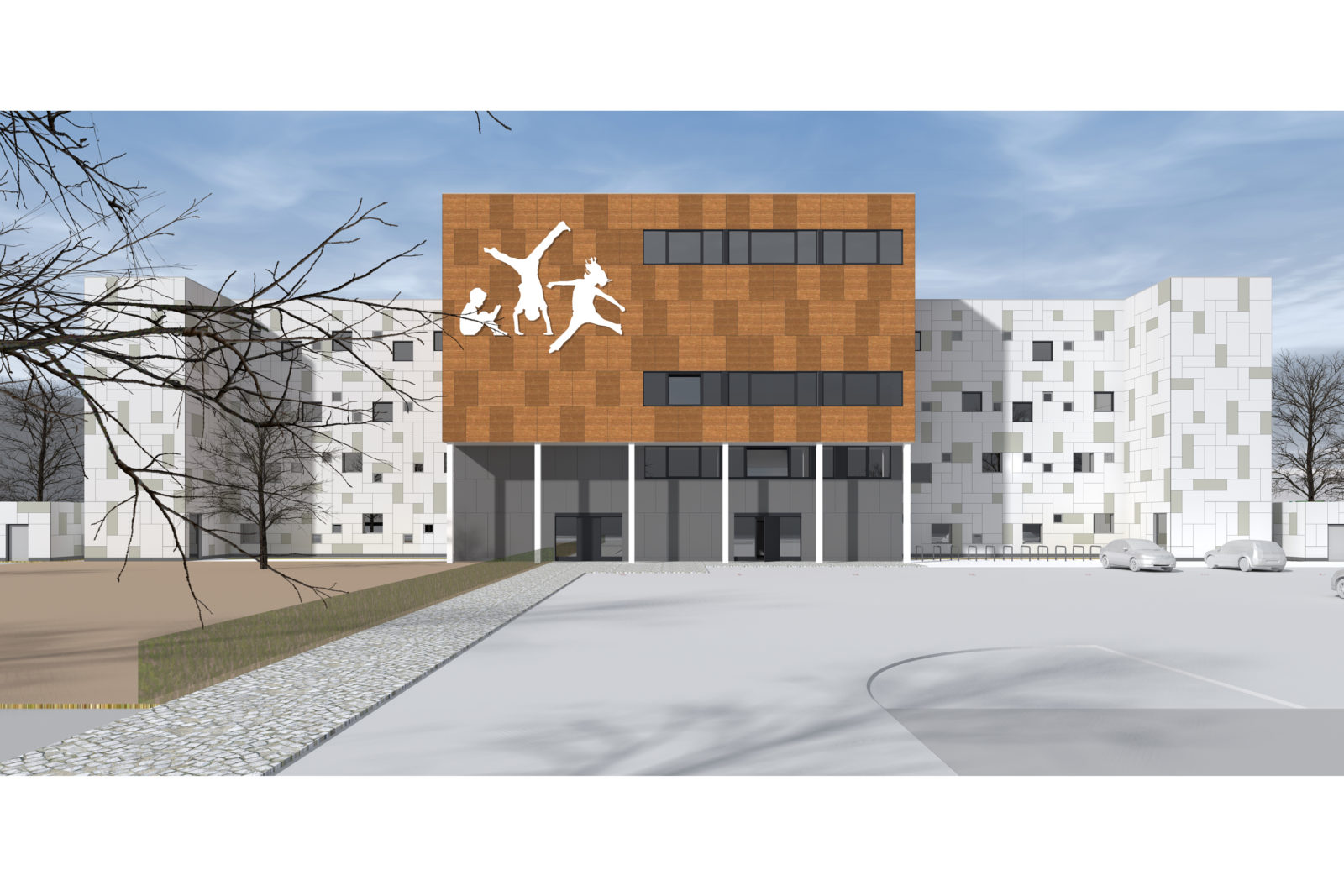 Neubau Kita und Förderschule an der alten Messe, Leipzig - Vorplatz mit Eingangsbereich