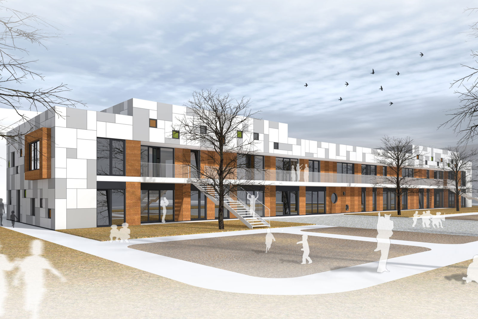 Neubau Kita und Förderschule an der alten Messe, Leipzig - Baukörper ohne Aufstockung mit Blick auf die Freispielfläche